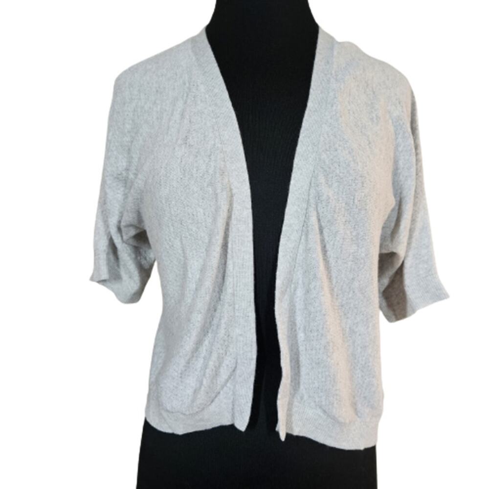 Grey Silver Metallic Short Sleeve Cardigan Sweater Size Medium